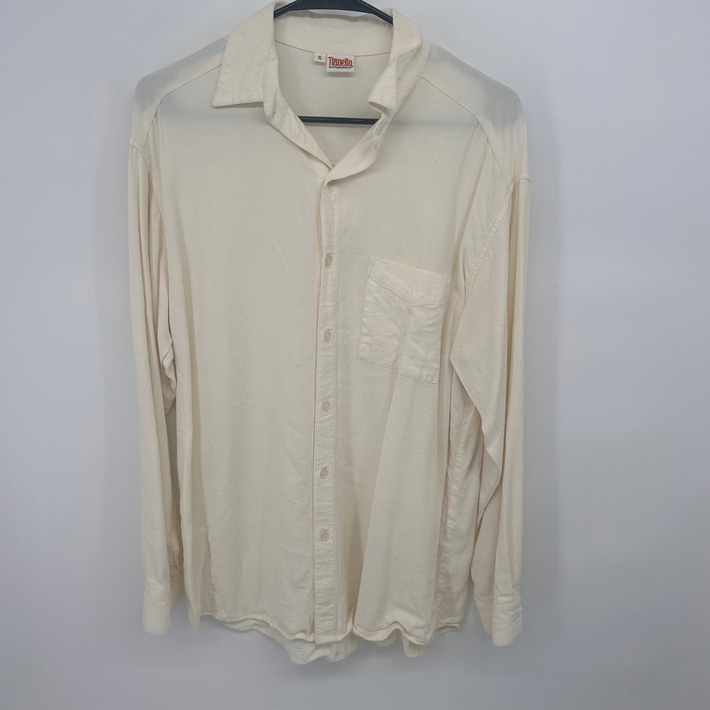 Tianello Mens Button Down Shirt Long‎ Sleeve Cream Made in USA Tencel Rayon